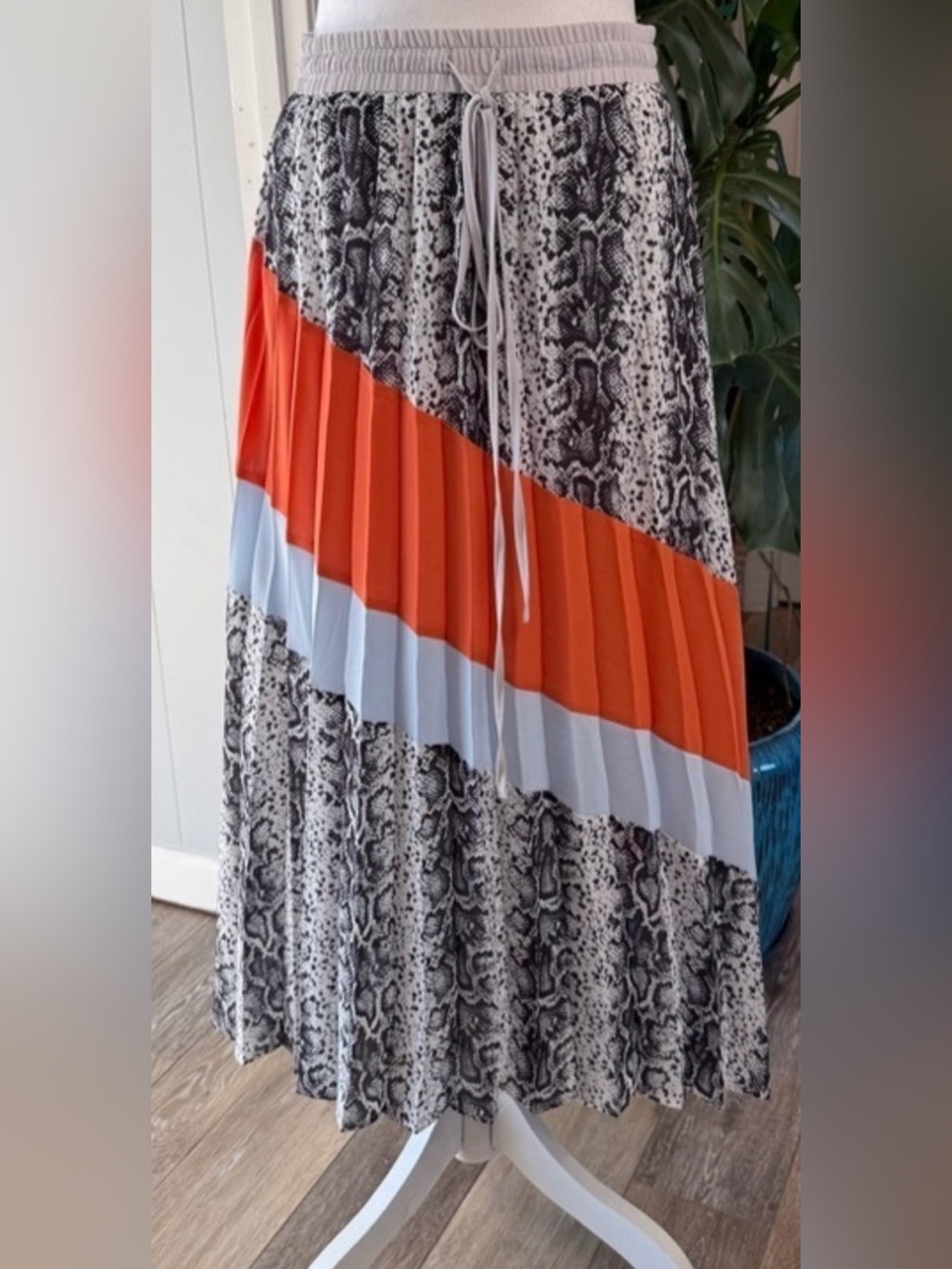 Central Park West Pleated Snake-Print Maxi Skirt with Orange and Light Blue